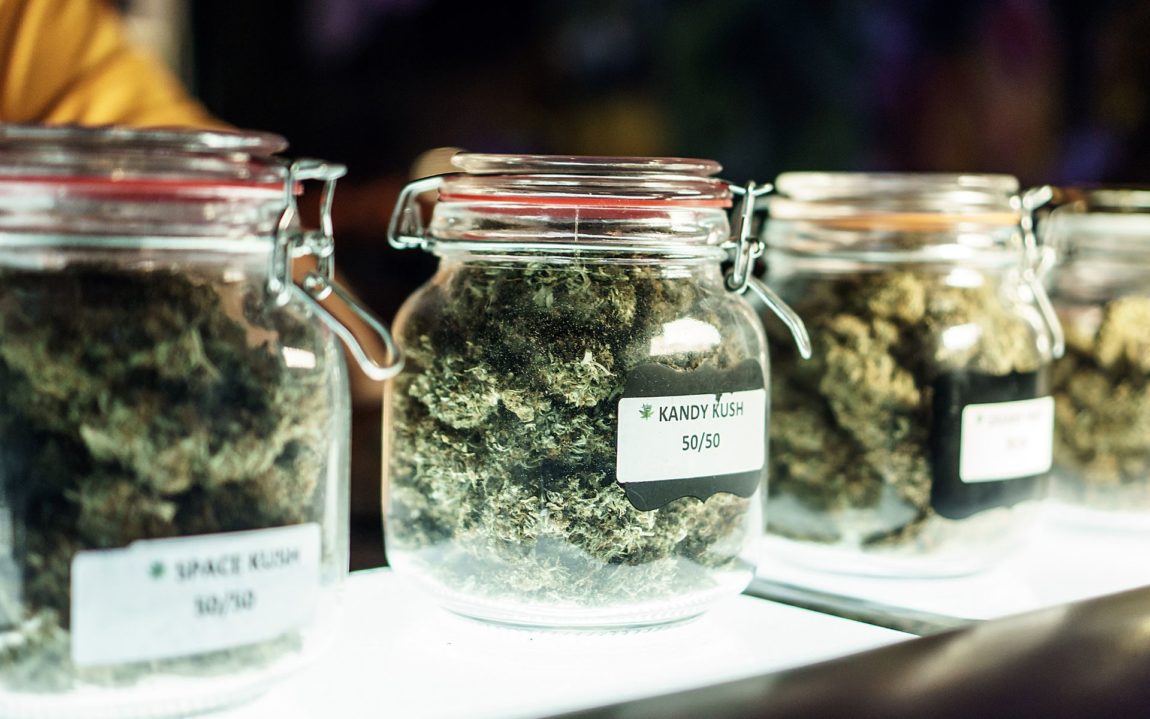 Jars of different strains of cannabis for creativity